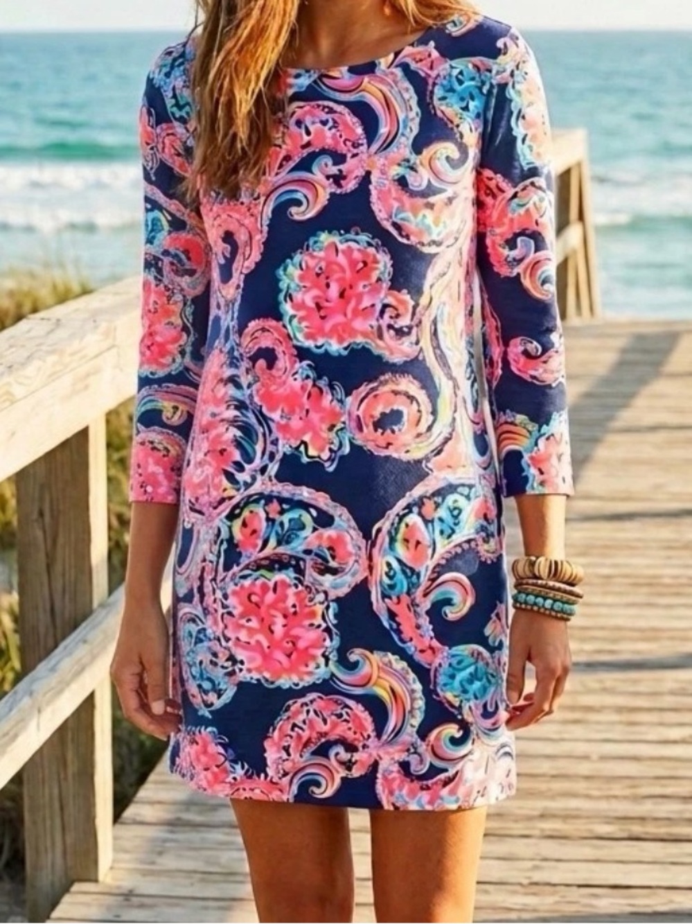 Lilly Pulitzer Pink, Navy & Aqua Floral Print Dress